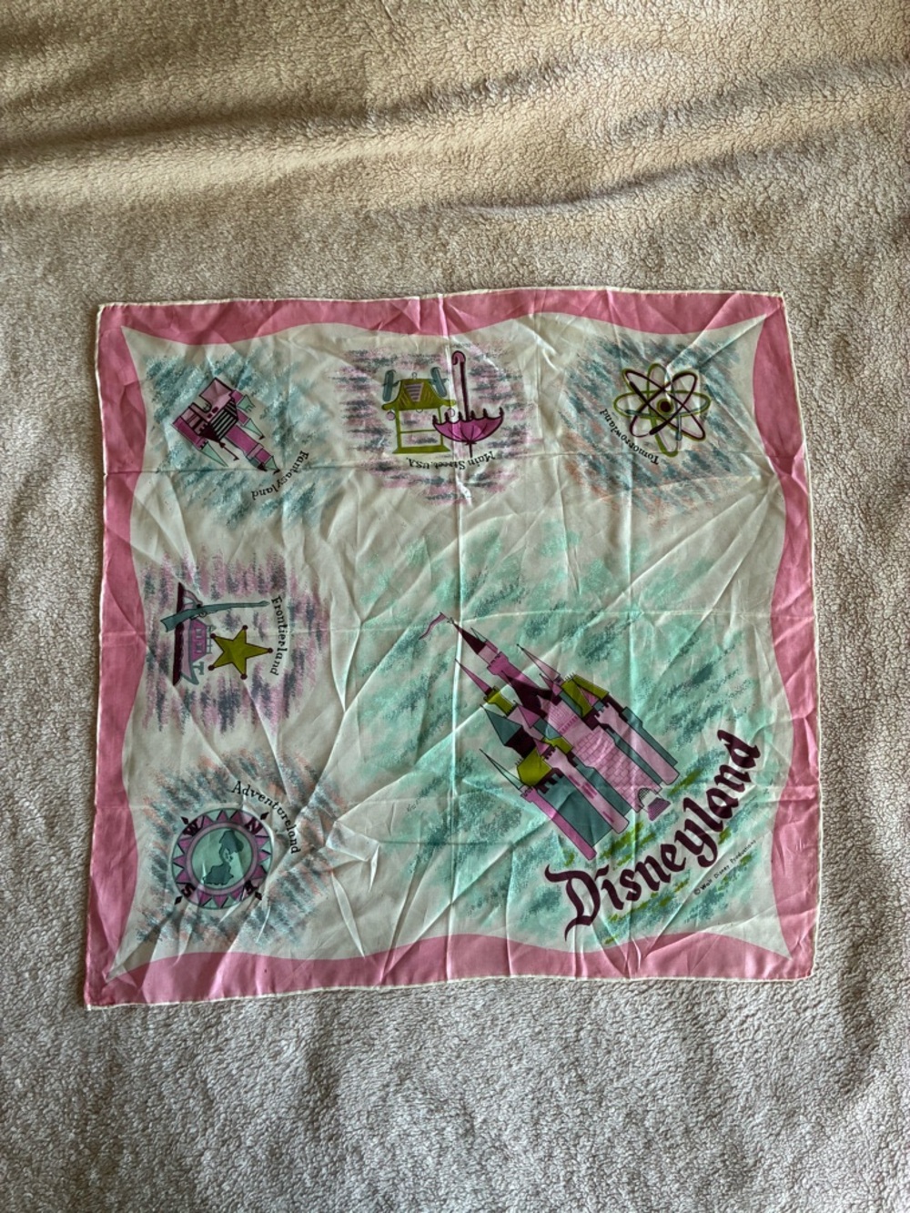 Vintage 1960’s Disneyland Rare Pink & Mint Color Castle Silk Scarf